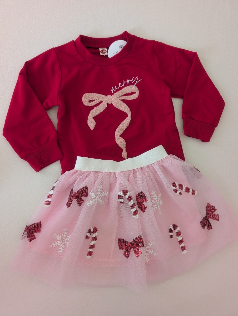 NWT Christmas Bow Embroidery Sweatshirt Sequin Candy Tulle Skirt Sz 2T-3T